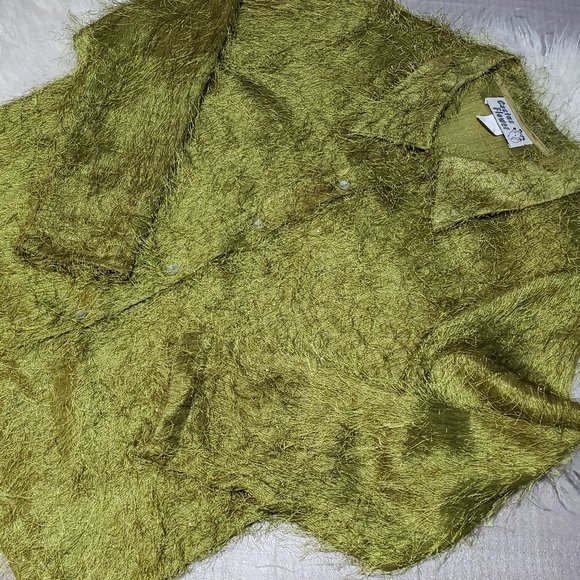 Cactus Flower shiny green fuzzy button down blouse - Picture 2 of 8